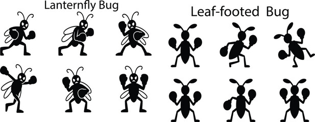 Obraz premium Black silhouette lanternfly and leaf footed bugs boxing