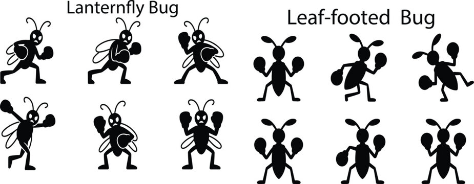 Black silhouette lanternfly and leaf footed bugs boxing