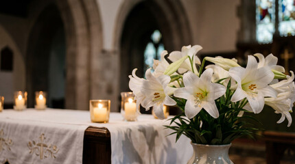 White lilies and lit candles on church altar