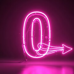 Bright magenta luminous letter Q sign with integrated directional arrow feature