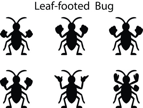 Six black silhouette leaf footed bugs with different poses