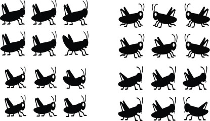 Obraz premium Black grasshopper silhouettes in rows on white background