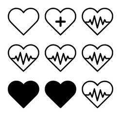 Collection of black and white heart with medical and basic representations electrocardiogram