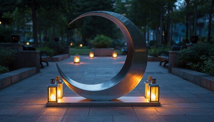 Moon and star installation featuring a large metallic crescent moon sculpture surrounded by glowing lanterns, creating a magical Islamic festive atmosphere for Eid and cultural design.