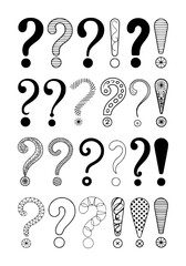 Collection of black and white illustrated question marks and exclamation points with diverse patterns and textures