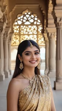 An Indian woman looks at the camera and smiles in a palace hallway. Her kohl-lined eyes and earrings shine as sunlight filters through jali windows, creating beautiful patterns