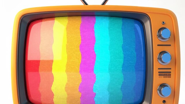 Retro orange television with rainbow color bars on screen against white background.