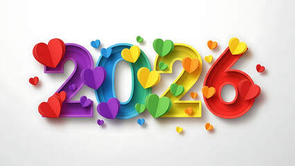 Vibrant 2026 typography with colorful hearts on white background