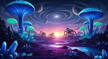 Bizarre alien landscape glows with bioluminescent flora under a swirling cosmic sky