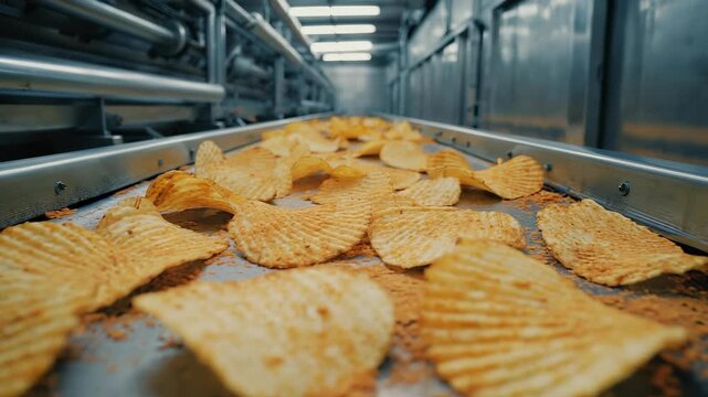 Chips, covered with seasoning, glide across a conveyor belt. They gently shift and flutter in a long production corridor. Fans keep the air cool as the chips travel onward