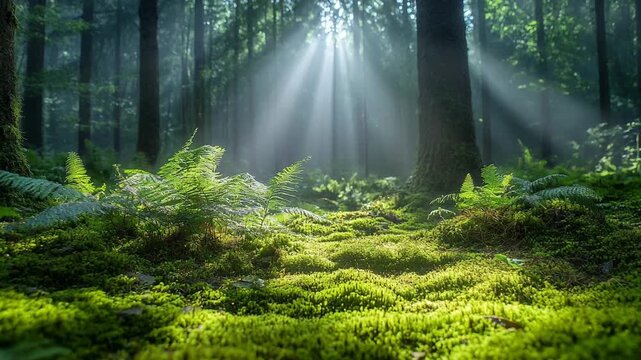 Zen atmospheric nature relaxing forest moss fern sunlight rays tree trunk green foliage peaceful calm environment ground