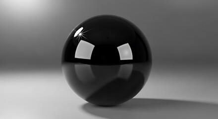 Highly polished black sphere rests upon a reflective surface with subdued lighting