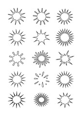 Collection of black outline starburst shapes and splatters white