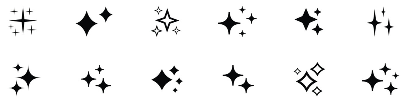 Sparkle star icon set. Set of black vector shine sparkle star icons. Collection of different stars in black color, vector ill