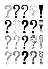 Collection of diverse black and white question mark and exclamation point symbols with intricate patterns and solid fills