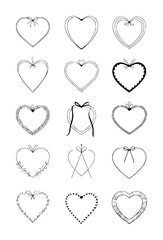 Collection of hand drawn heart shapes with bows and decorative outline