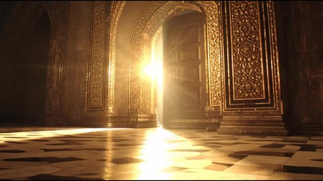 Luxurious Archway Entrance with Ornate Details and Sunlight in a Premium 4K Motion Background