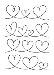 Continuous black line of multiple heart shapes in varying sizes and arrangements love