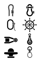 Nautical equipment including rope loop shackle cleat ship wheel pulley and carabiner maritime