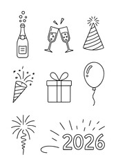 Hand drawn outline for new year celebration including champagne bottle glasses party hat gift balloon and fireworks