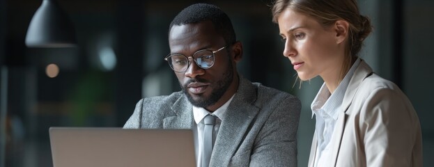 Two colleagues analyzing documents together in modern office environment  