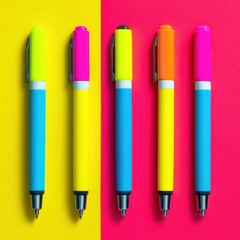 Colorful pens arranged on bright contrasting backgrounds