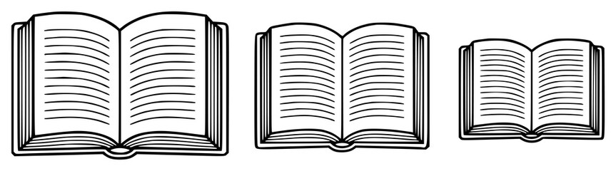 Open books of varying sizes displayed in a line a white reading knowledge