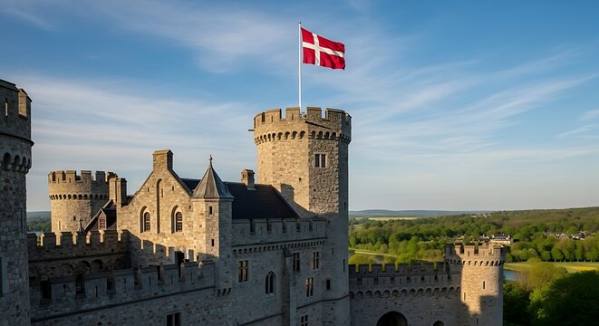 Historic Danish Castle with Flag Tower Landscape.
