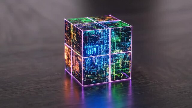 A reflective cube with iridescent panels, sitting on a dark wood-grain surface