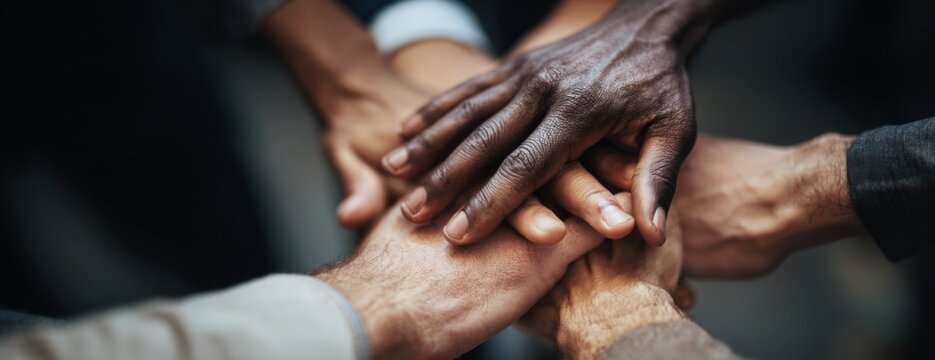 Diverse hands coming together in unity during team-building activity  