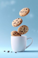 chocolate chip cookies falling into a white coffee cup, on a blue background.