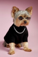 a terrier dog wearing a black turtleneck sweater and silver chain, cool sunglasses, against a light pink background