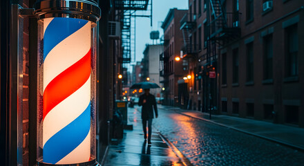 A person with an umbrella walks down a wet cobblestone street lined with buildings and a barbershop pole. The scene is dim, likely at dusk