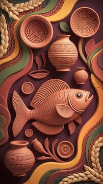 Pahela Baishakh traditional abstract art with clay pots and hilsa fish