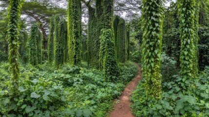 Obraz premium Tall vertical structures in a dense tropical forest are completely enveloped by vibrant green foliage and vines