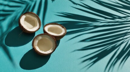 Fresh Halved Coconuts and Palm Leaf Shadows