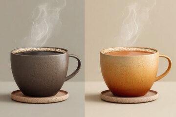 Two Stylish Cups of Hot Beverages with Steam on Subtle Background