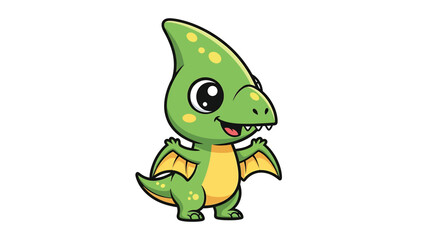 Fototapeta premium Adorable Green Cartoon Pterodactyl with Big Eyes and Small Wings.