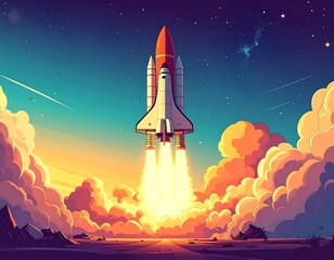 Fototapeta premium Cartoon rocket launching skyward through clouds, into cosmos