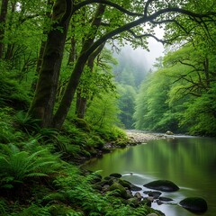 Verdant forest scene depicts a calm river flowing through dense, moss-covered foliage.