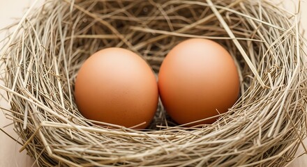 Two brown oval objects rest securely within a woven structure of dried grasses.