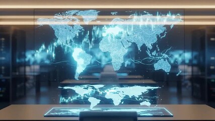 Futuristic control room displaying world map and financial data on screens. - Powered by Adobe