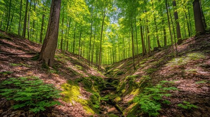 Obraz premium Sunlight streams through a dense forest canopy illuminating steep, wooded slopes and a small ravine