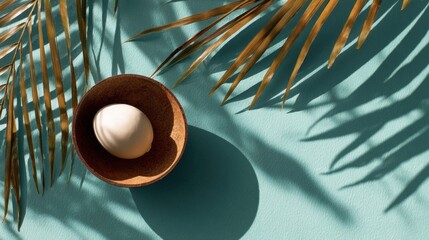 Natural egg in wooden bowl with palm leaf shadow