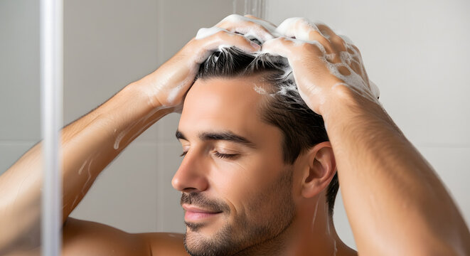Close-up of a man washing his hair with shampoo lather in a show
