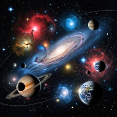 Diverse celestial bodies and distant galaxies populate a vibrant depiction of deep space