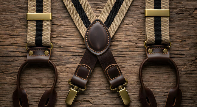 Close-up of classic men's suspenders with leather details and br