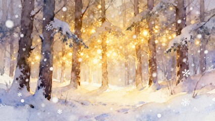 Snowy forest with glowing lights