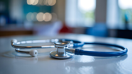 Blue stethoscope on a glossy white desk, out of focus background.png