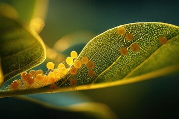 Tiny eggs clustered on illuminated green leaf vein